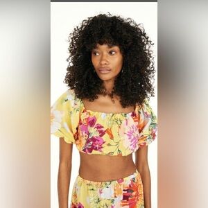 H&M Yellow Floral Cropped Top Puff Sleeves Criss Cross Back Size XXL NWT